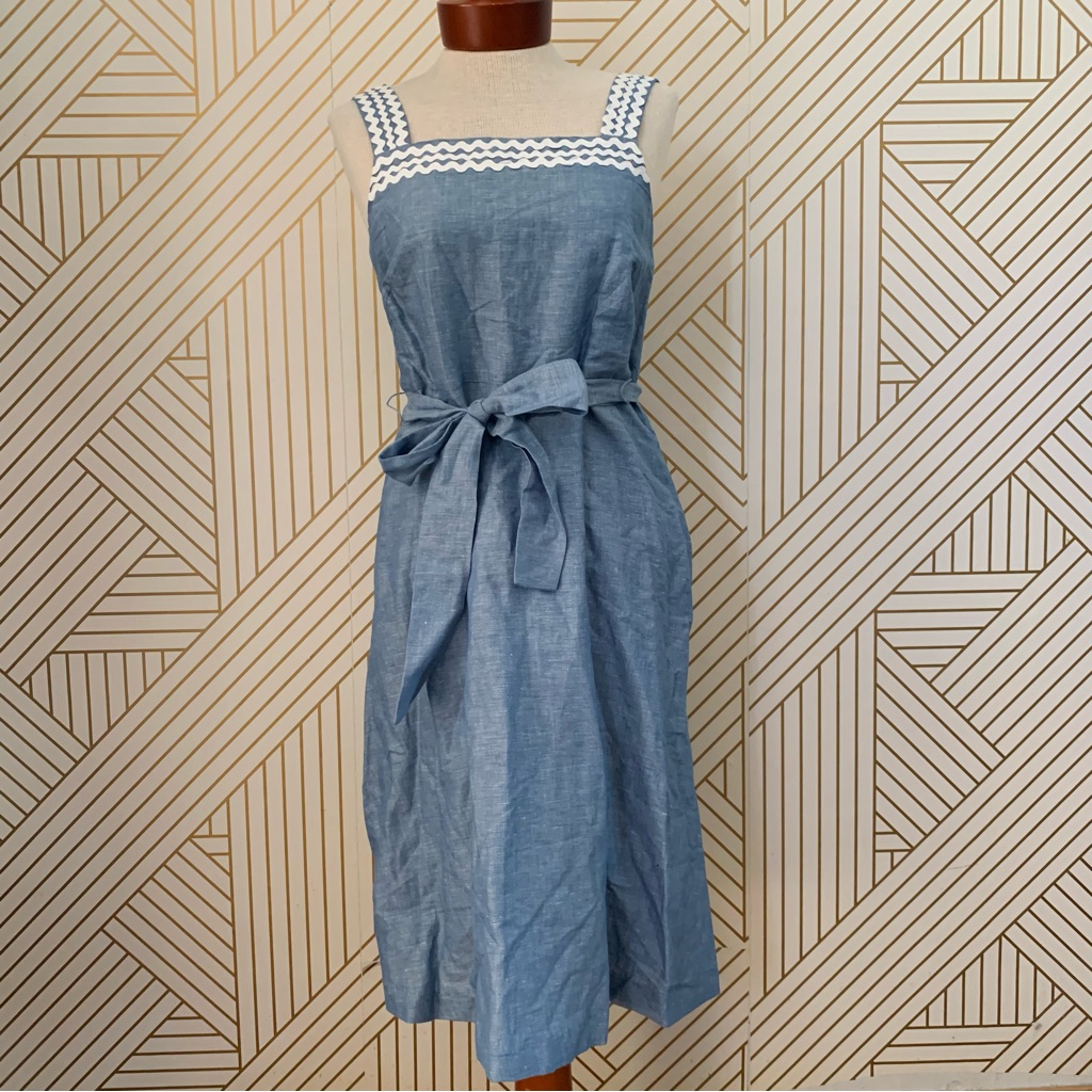 Ann Taylor Nwot Cotton Linen A Line Midi Dress Belted Chambray Square Neck 2p